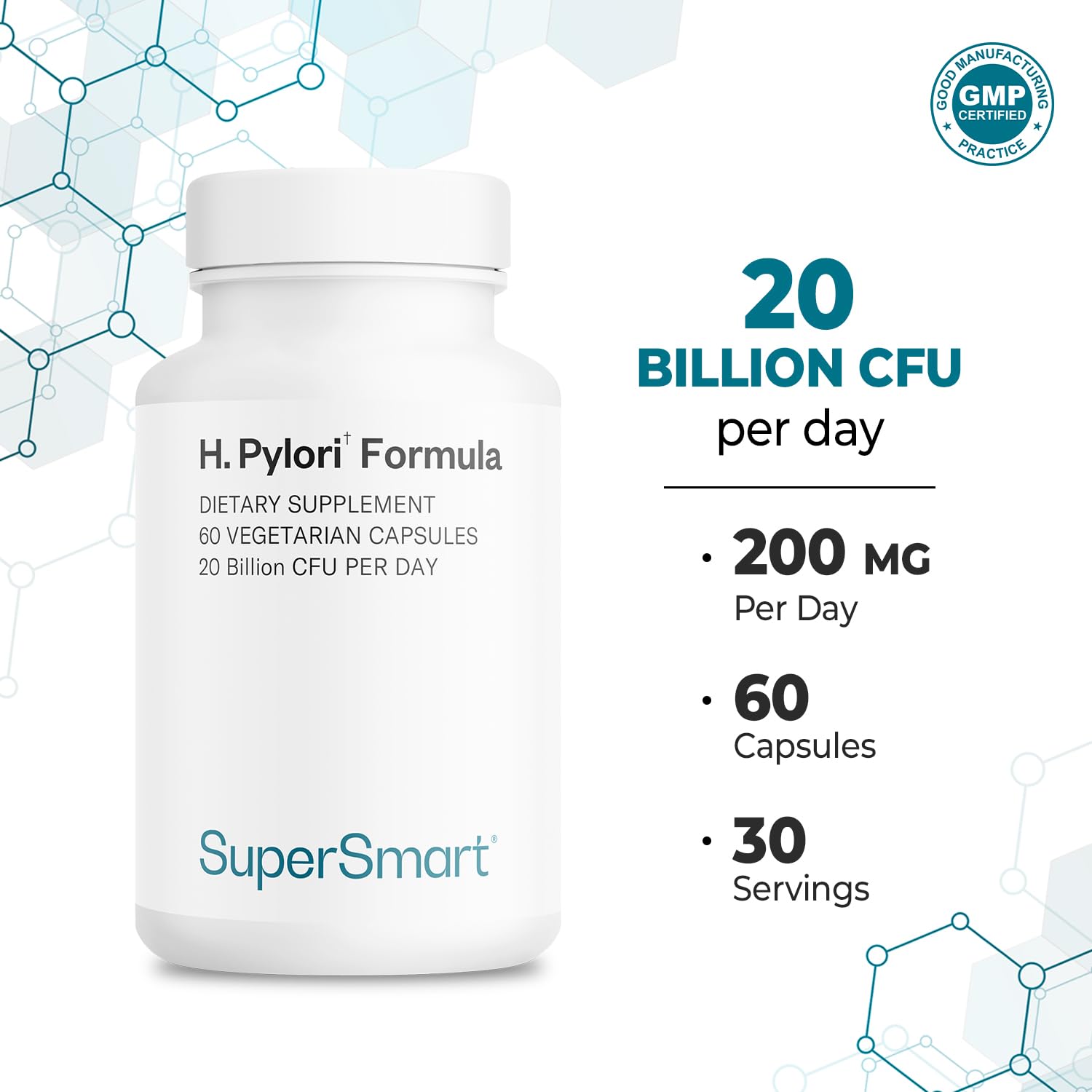 Supersmart H. Pylori Formula 20 Billion CFU per Day - Natural Probiotic Lactobacillus Reuteri DSM 17648 Supplement | Non-GMO & Gluten Free - 60 Vegetarian Capsules