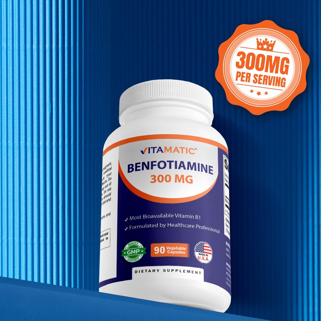 Vitamatic Benfotiamine 300 mg 90 Vegetarian Capsules - Also Called Fat Soluble Vitamin B1 (90 Count (Pack of 1)) (3 Bottles)