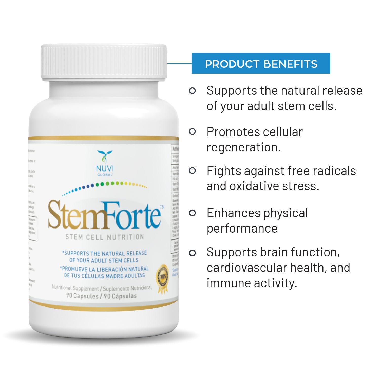 NuVi Global Stemforte Stem Cell Supplements | Anti Aging Supplement Stem Cell Nutrition to Promote Cellular Regeneration and Repair, Regenerate Old & Damage Cells | 90 Capsules for Men and Women
