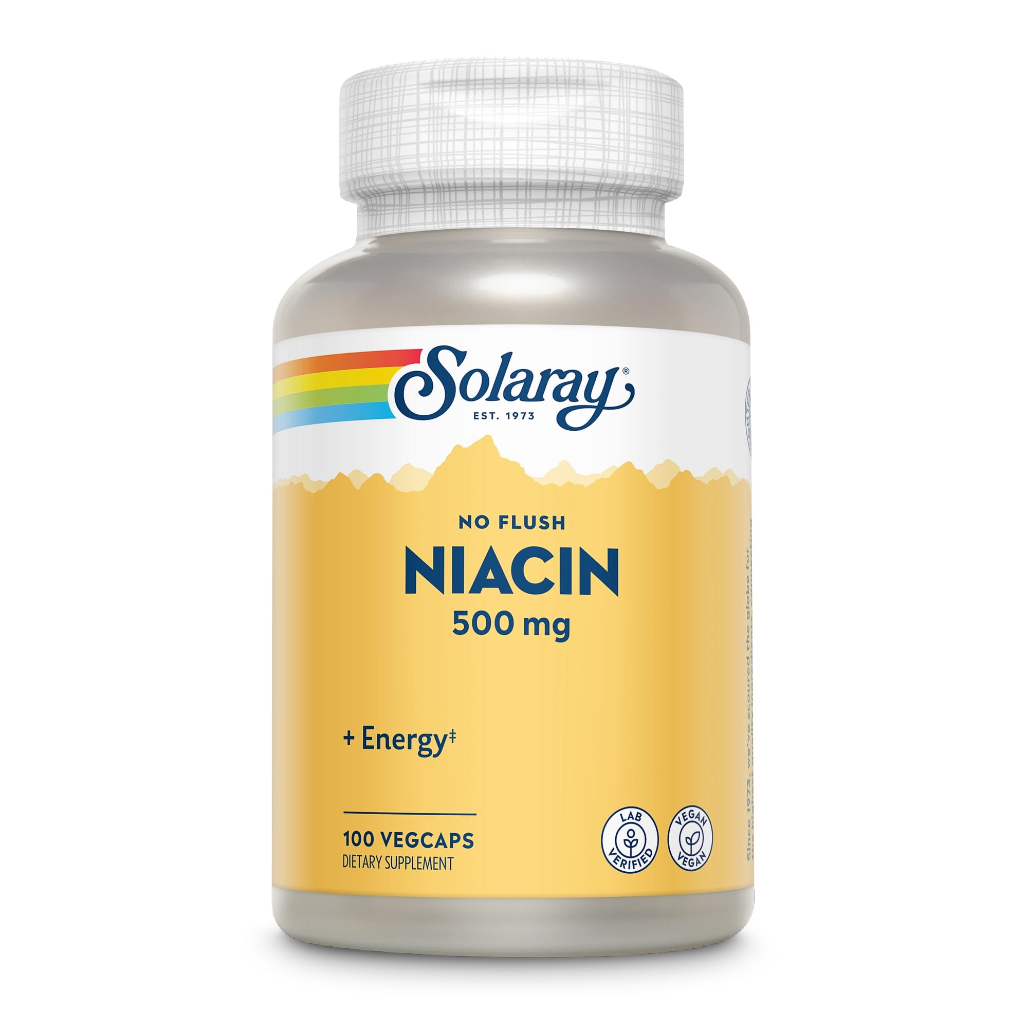 SOLARAY No Flush Niacin 500mg, Flush-Free Vitamin B3 Niacin, Energy and Circulatory System Support, Vegan, Lab Verified, 100 Servings, 100 VegCaps