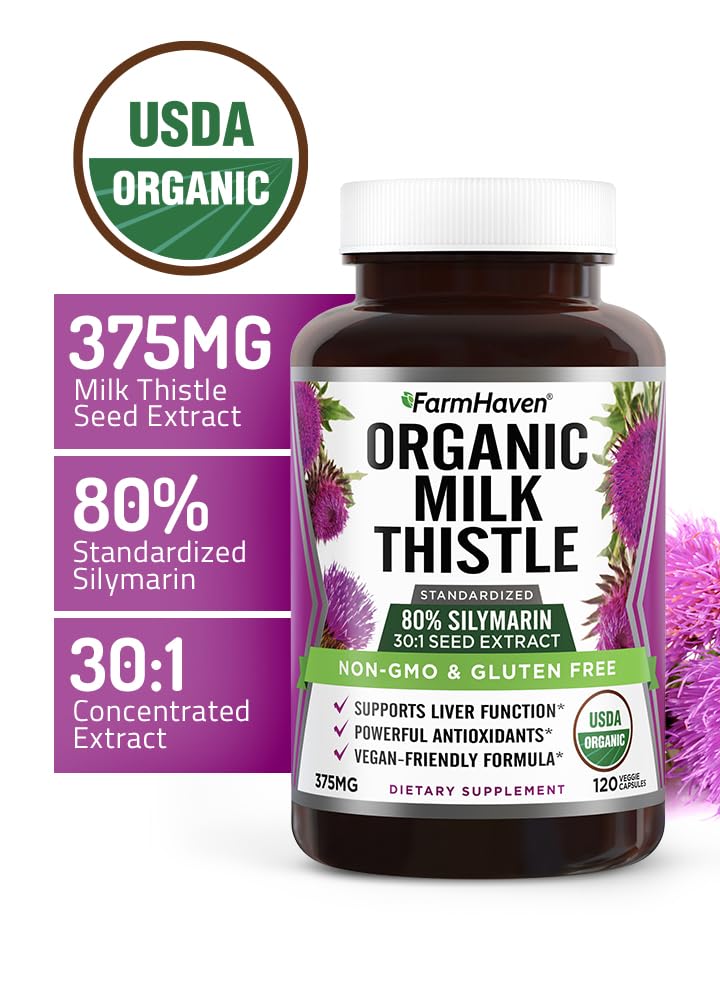 FarmHaven USDA Organic Milk Thistle Capsules | 30X Concentrated Seed Extract & 80% Silymarin Standardized - Supports Liver Function and Overall Health | Non-GMO | 120 Vegan Capsules