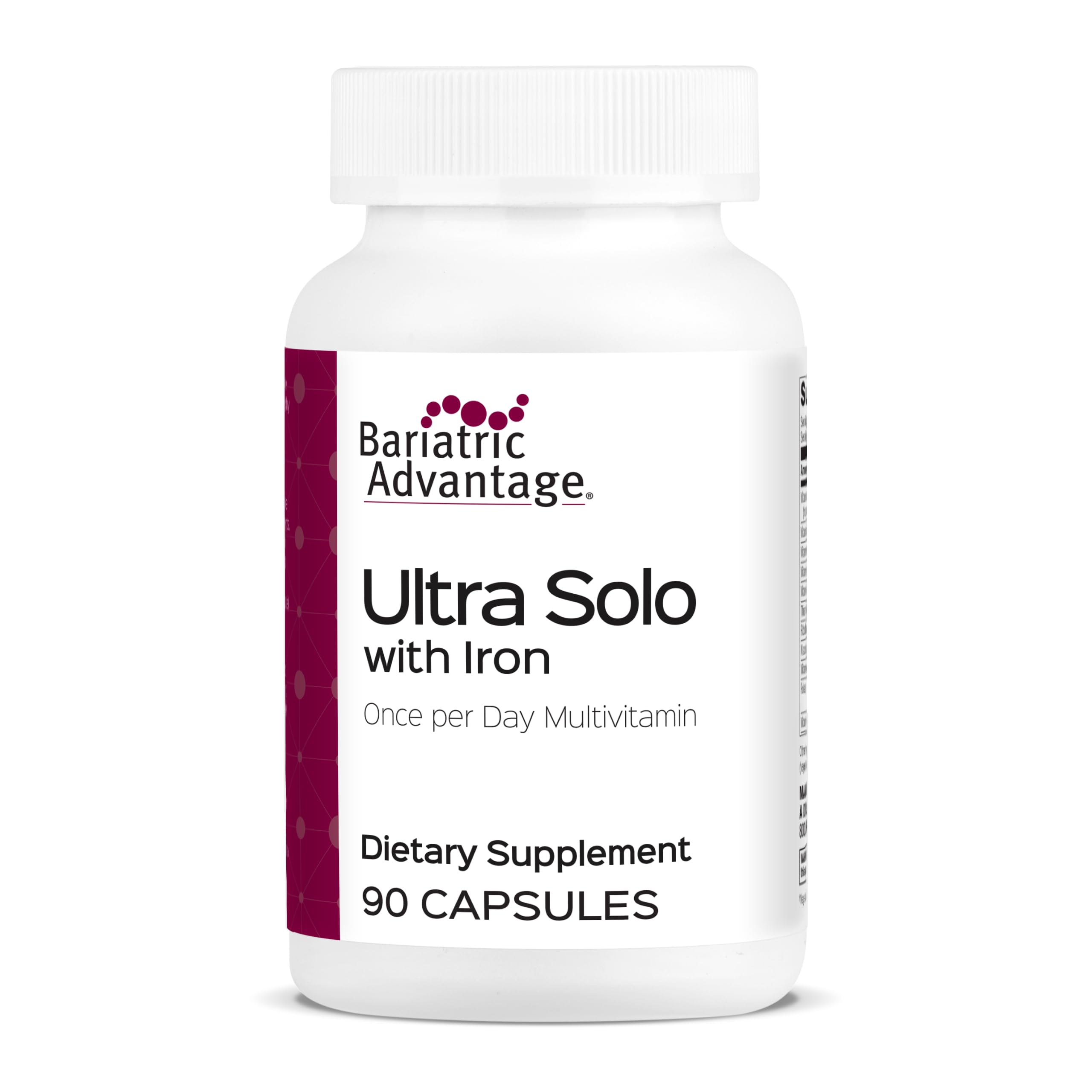 Bariatric Advantage Ultra Solo with Iron - Once-Per-Day Daily Multivitamin - for Bariatric Patients - with Thiamin, Vitamin A & More - Gluten Free - 90 Capsules