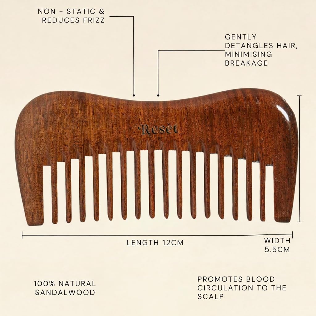 Resèt 100% Natural Handmade Sandalwood Comb | Soft Wide Tooth Wooden Comb | Eco-Friendly Anti-Static Wooden Massage Comb | Wooden Hair Detangler for Men and Women