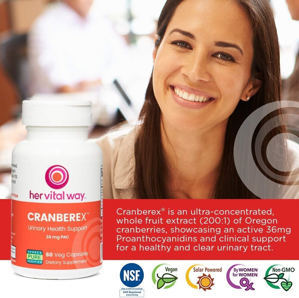 her vital way Cranberex - Cranberry Pills for Women and Men – 36mg PAC Per Capsule – 2 Month Supply for Urinary Tract Health – Natural Cranberry Extract Supplement – 60 Vegetarian Capsules