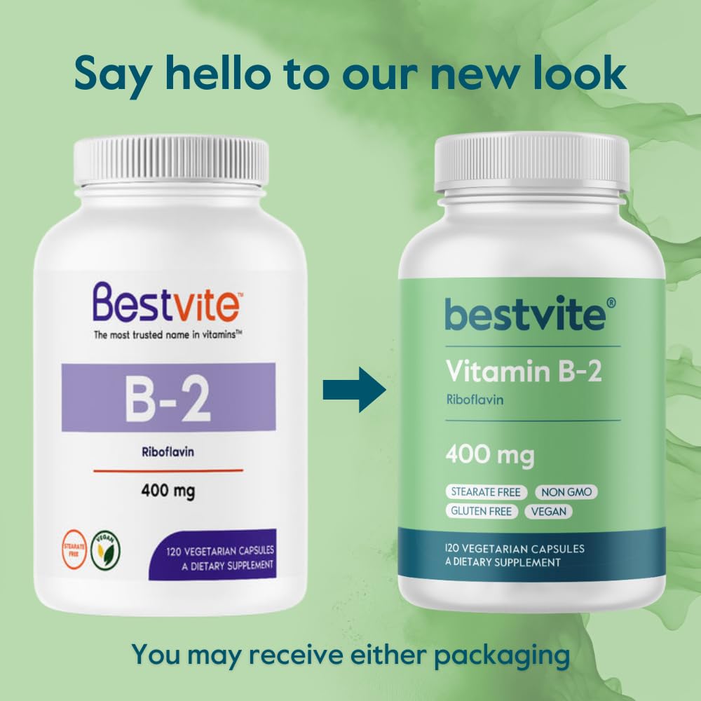 BESTVITE Vitamin B-2 (Riboflavin) 400mg (240 Vegetarian Capsules) (120 x 2) - High Potency – Energy, Skin & Cellular Health – Healthy Nervous System Support – Vegan – Gluten Free - No Stearates
