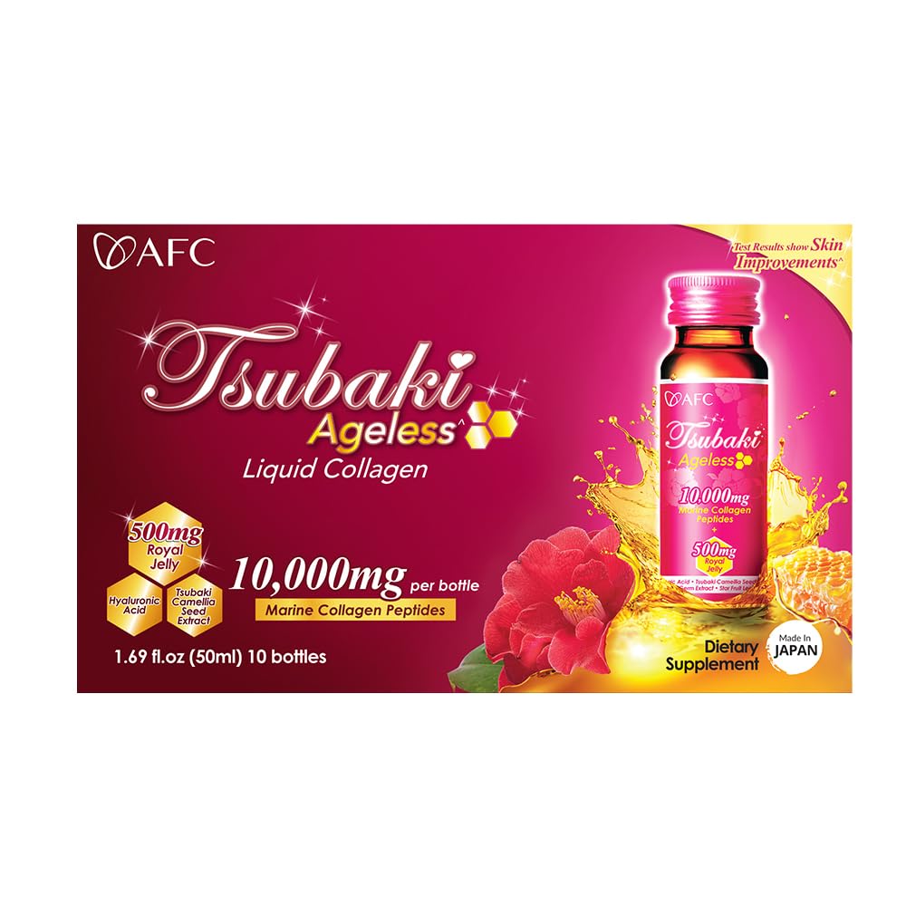 AFC Japan Tsubaki Ageless Liquid Collagen Drink for Women | 10,000mg Marine Collagen Peptides, 500mg Royal Jelly, Hyaluronic Acid | Supports Skin Hydration & Elasticity 1.69 fl.oz x 10 Bottles (3Pack)