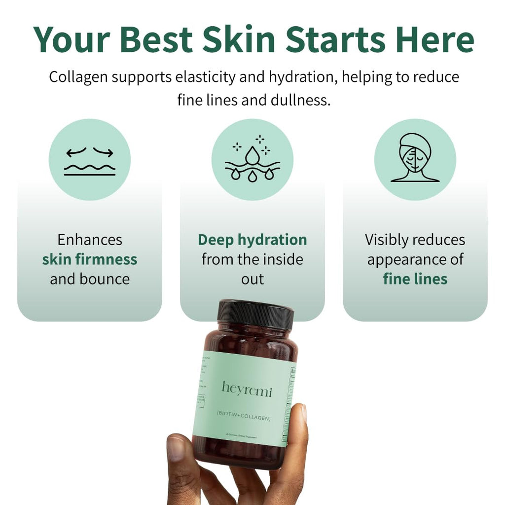 heyremi Advanced Biotin + Collagen Gummies – Supports Hair Growth, Skin Elasticity and Nail Strength – Natural Berry Flavor – Non-GMO, Gluten-Free, 60 Rapid Release Gummies