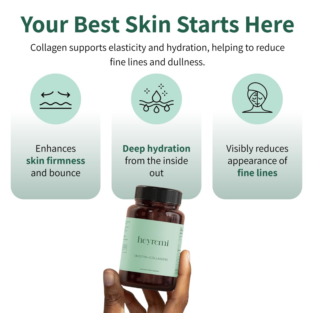 heyremi Advanced Biotin + Collagen Gummies – Supports Hair Growth, Skin Elasticity and Nail Strength – Natural Berry Flavor – Non-GMO, Gluten-Free, 60 Rapid Release Gummies