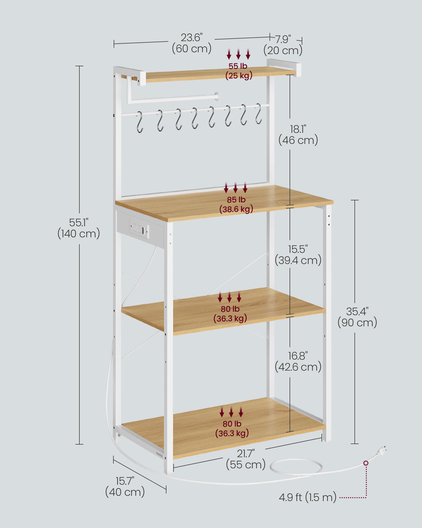 VASAGLE UKKS014Y01V1 Kitchen Bakery Shelf with Power Outlet, 4 Tier with 8 S Hooks, Adjustable Shelf for Small Spaces, Golden Oak and Cloud White