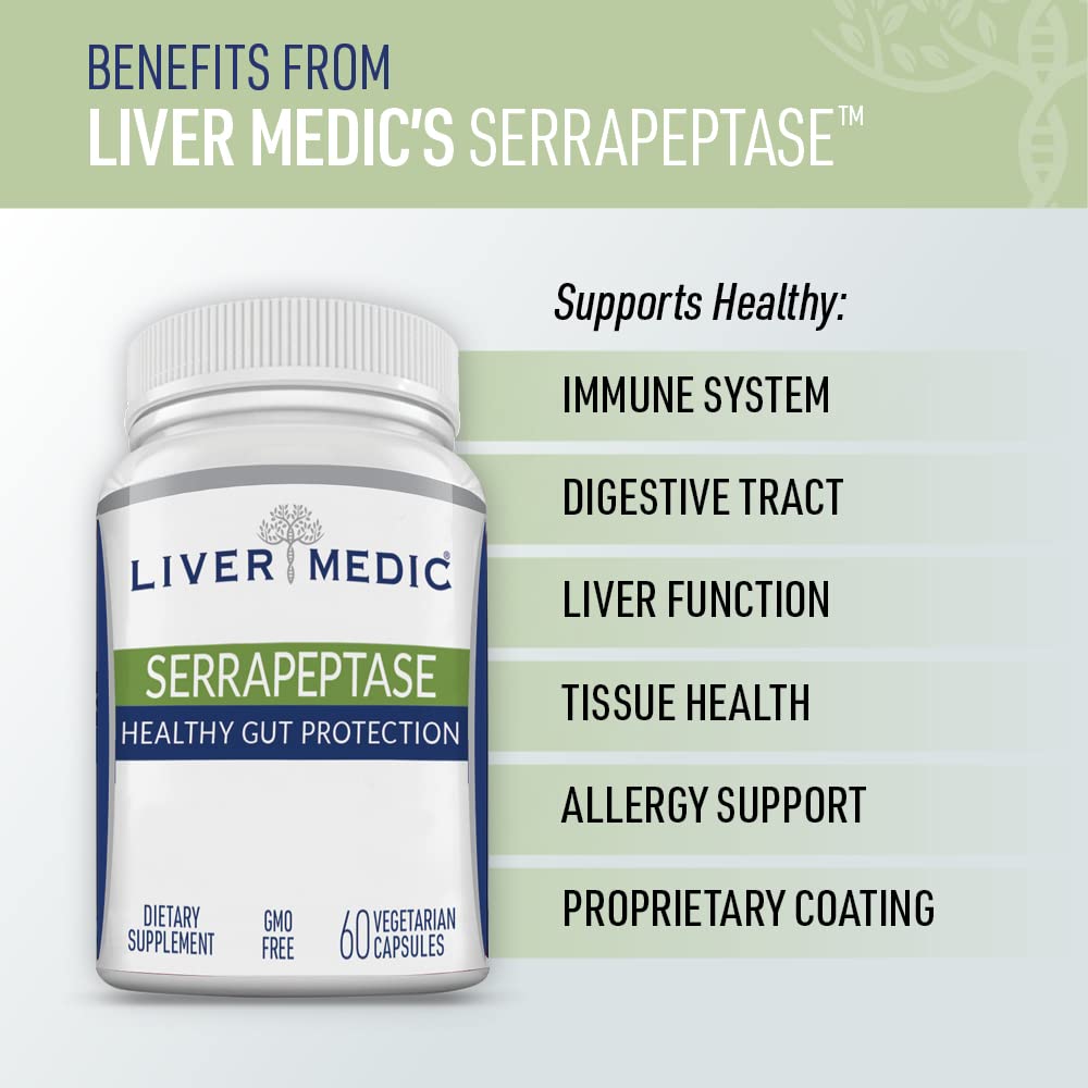 Serrapeptase Pure Digestive Proteolytic Enzymes Enteric Coated Premium Healthy Gut Protection and Vegan Liver Support Supplement for Sinus, Respiratory and Gut Health NonGMO (60 Caps)