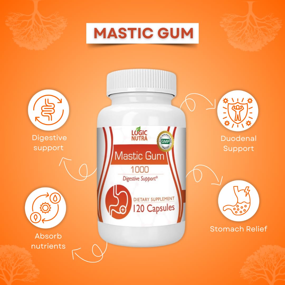 Logic Nutra Mastic Gum Capsules - Natural Gastrointestinal Support Supplement, 1000mg Per Serving - 120 Capsules (2 Bottles)