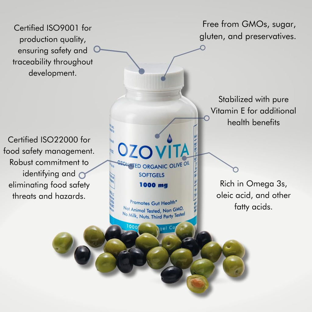 OZOVITA Ozonated Olive Oil Capsules 1000mg – Gut Health & Digestive Support – 60 USDA Organic Softgels, 2-Month Supply – Cold-Process Extra Virgin Olive Oil (EVOO), Non-GMO