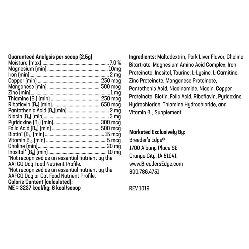 Breeder’s Edge B Strong Powder, B-Complex Vitamin Supplement for Dogs and Cats, Supports Reproductive Health, Promotes Normal Heat Cycles, and Helps Maintain Energy, 300g