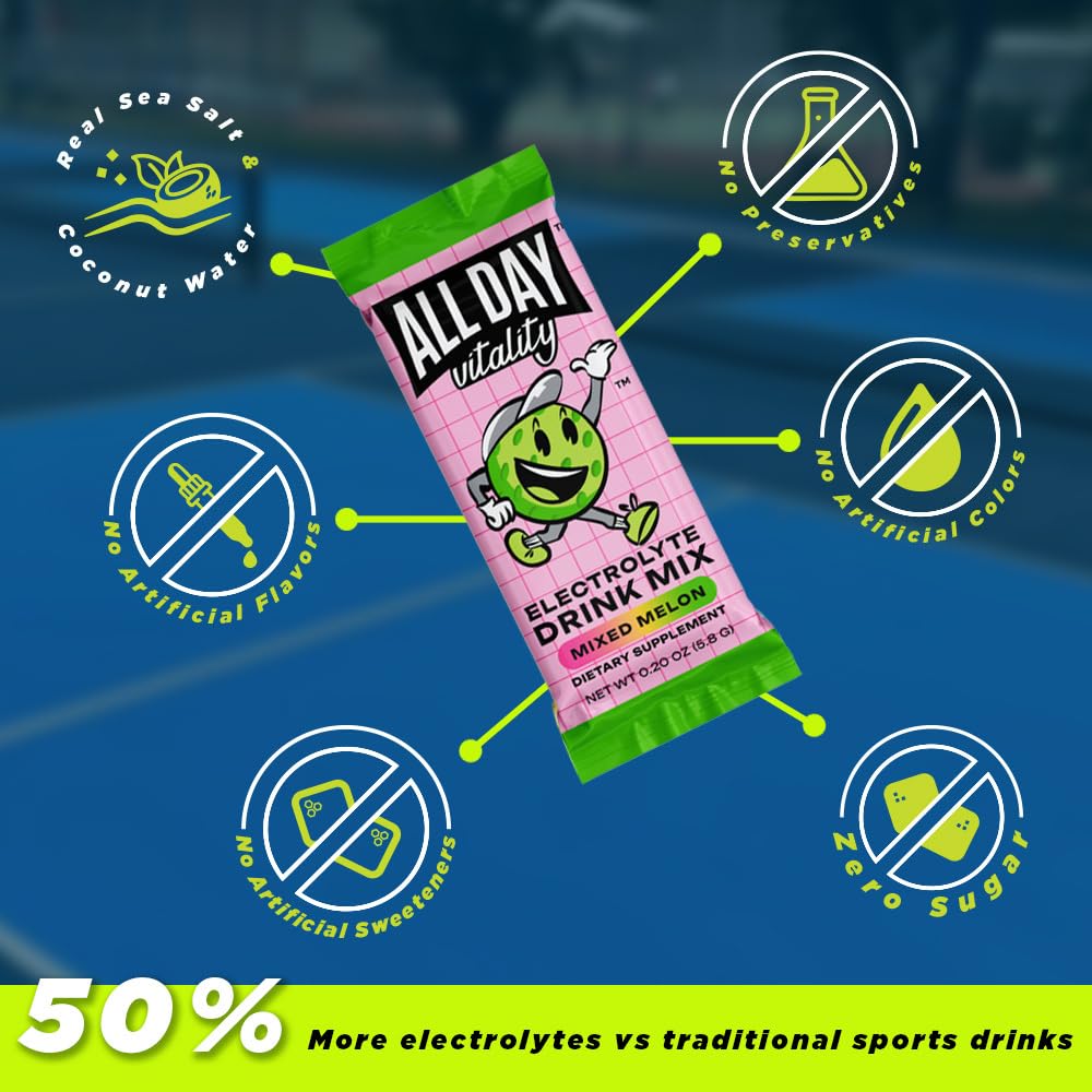 ALL DAY Vitality Pickleball Electrolyte Powder Packets | No Sugar, Non-GMO | 30 Drink Sticks (Mixed Melon)