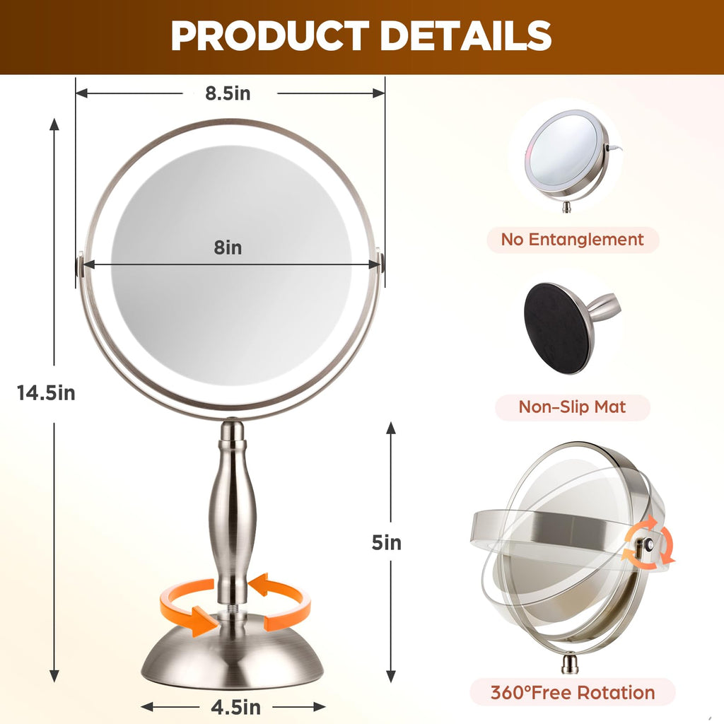 Makeup Mirror with Light - Brushed Nickel, 30x Makeup Mirror with 3 Colors