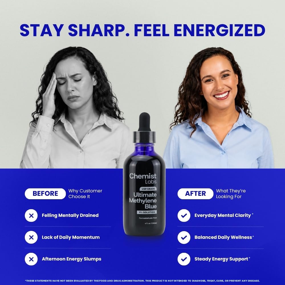 Chemist Labs Methylene Blue – 1% Solution | 99.99% USP-Grade Liquid Drops –Mitochondrial & Cellular Support – 4oz (120ml) – Formaldehyde-Free – Made in USA