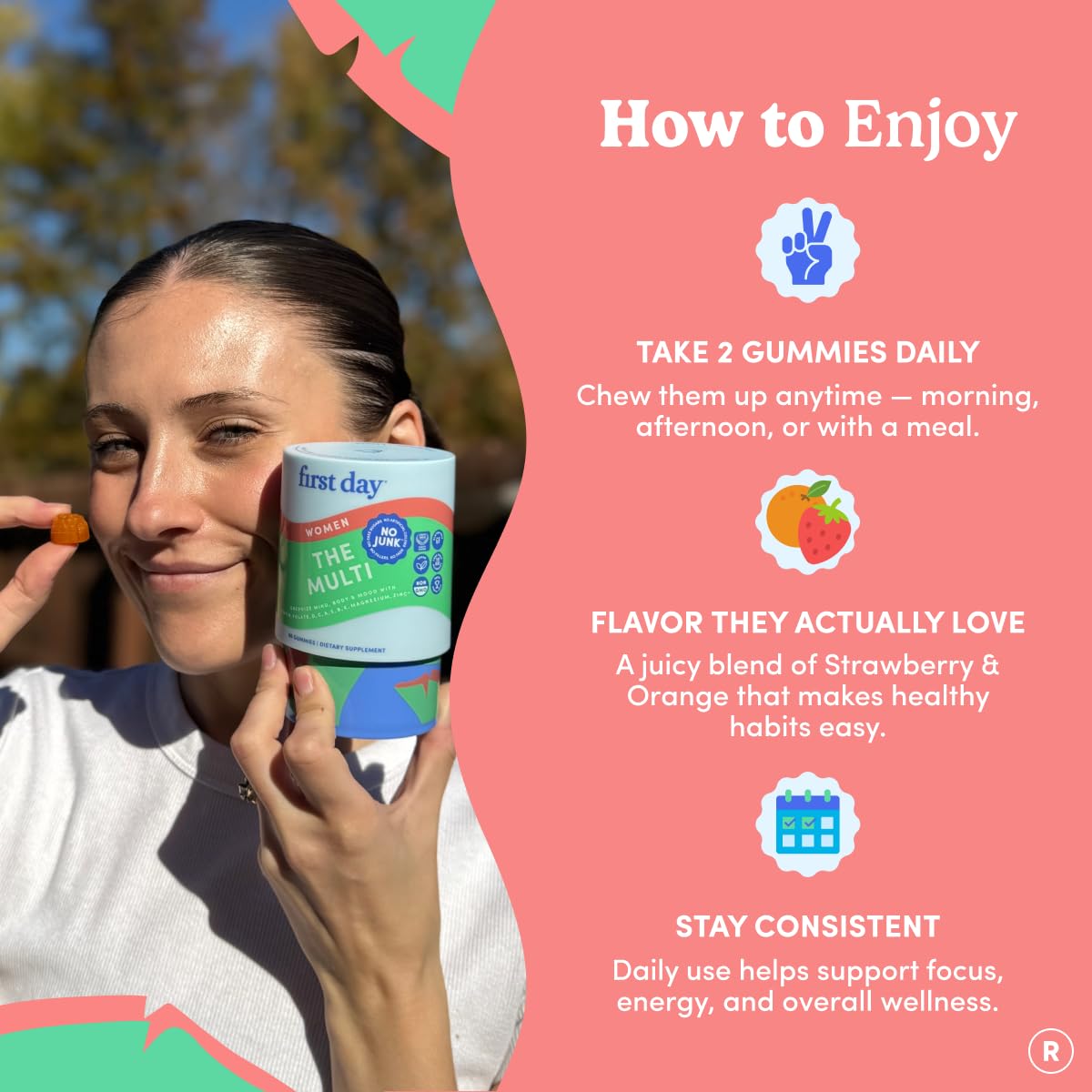 FIRST DAY Women's Multivitamin Gummies for Energy, Hair & Overall Health – Daily Multivitamin with Organic Superfood Blend, Methylated Folate, Zinc & Biotin – Vegan, No Junk, 60 Gummies