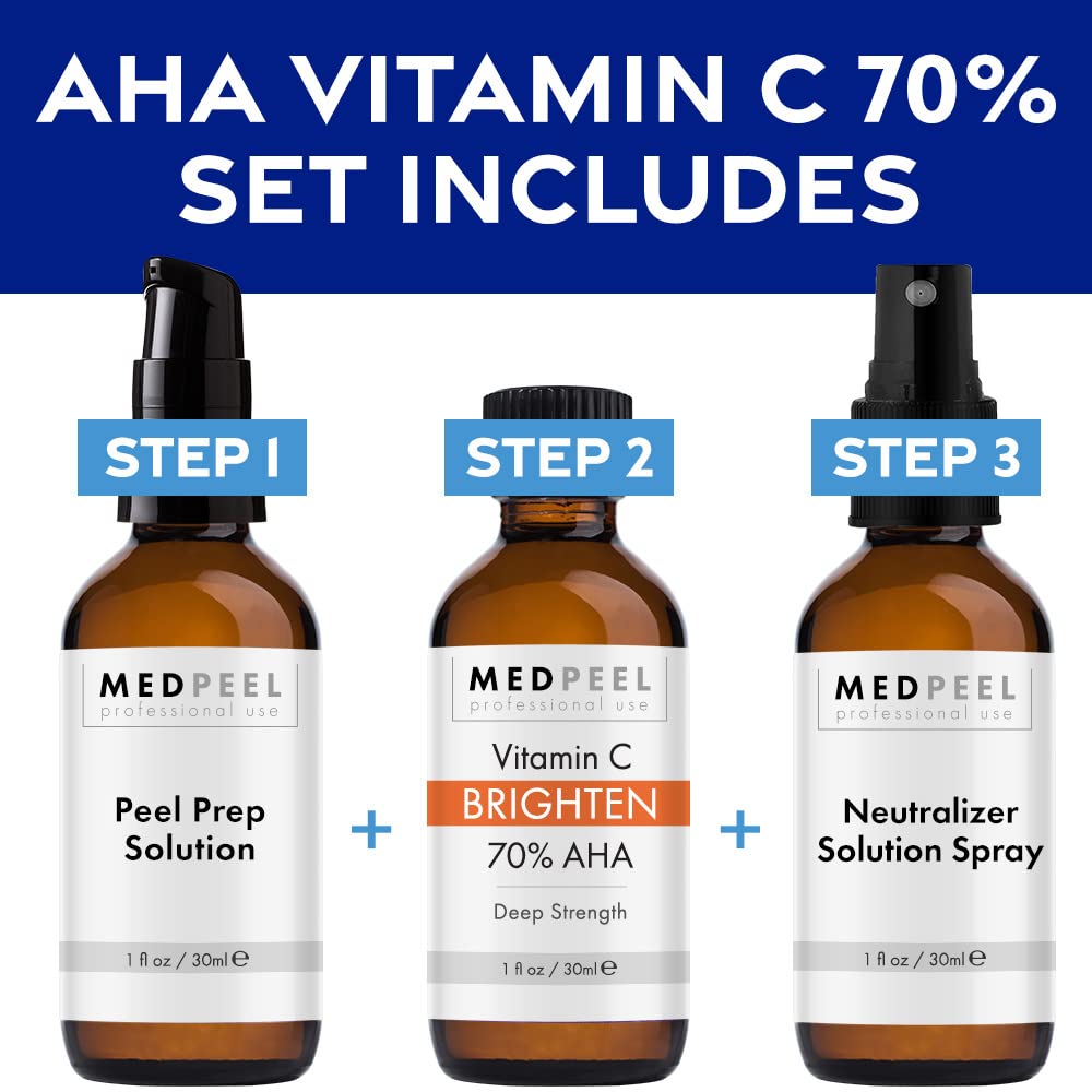 MedPeel 70% AHA & Vitamin C Brightening Essential Chemical Peel at Home Kit, Includes Peel, Prep, Neutralizer, Deep Strength Professional Grade Chemical Face Peel, Reduces Age Spots, 1oz/30ml