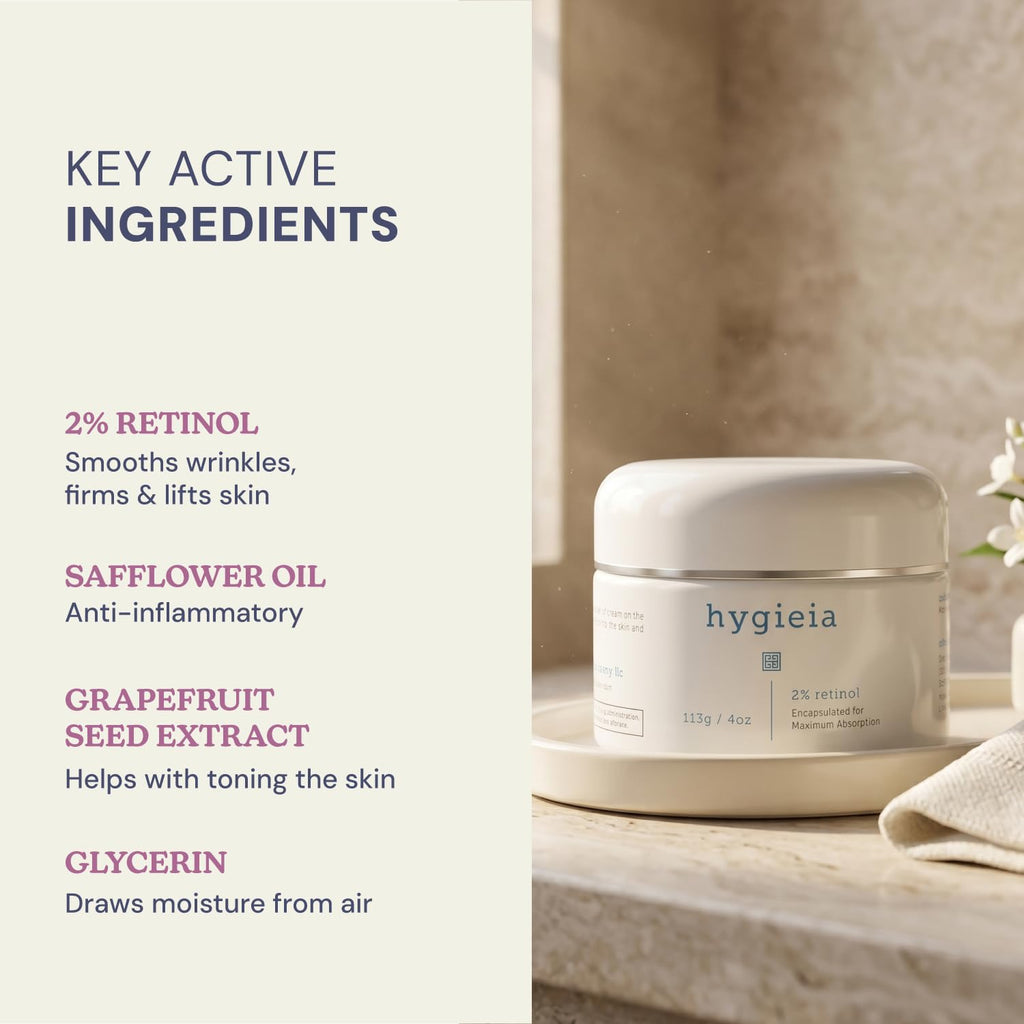 Hygieia + Encapsulated 2% Retinol Cream, 4oz – Liposomal Anti-Wrinkle Cream for Face, Neck & Body – Fast & Deep Cellular Absorption – Day or Night Cream for Firming, Lifting & Repairing Aging Skin