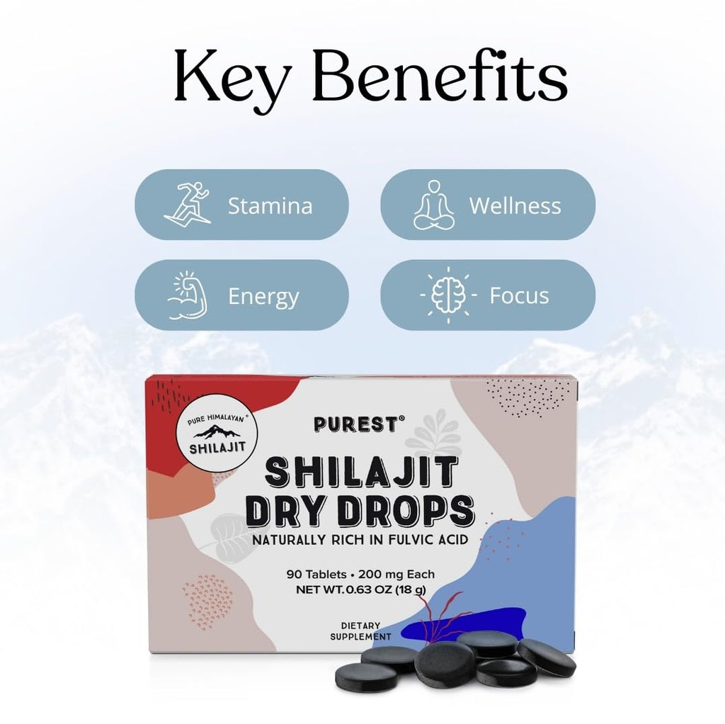 Pure Himalayan Shilajit Dry Drops (90 Tablets, 200mg Each) Maximum Potency Pure Shilajit for Men with 85+ Trace Minerals & Fulvic Acid for Metabolism, Energy & Immune Support