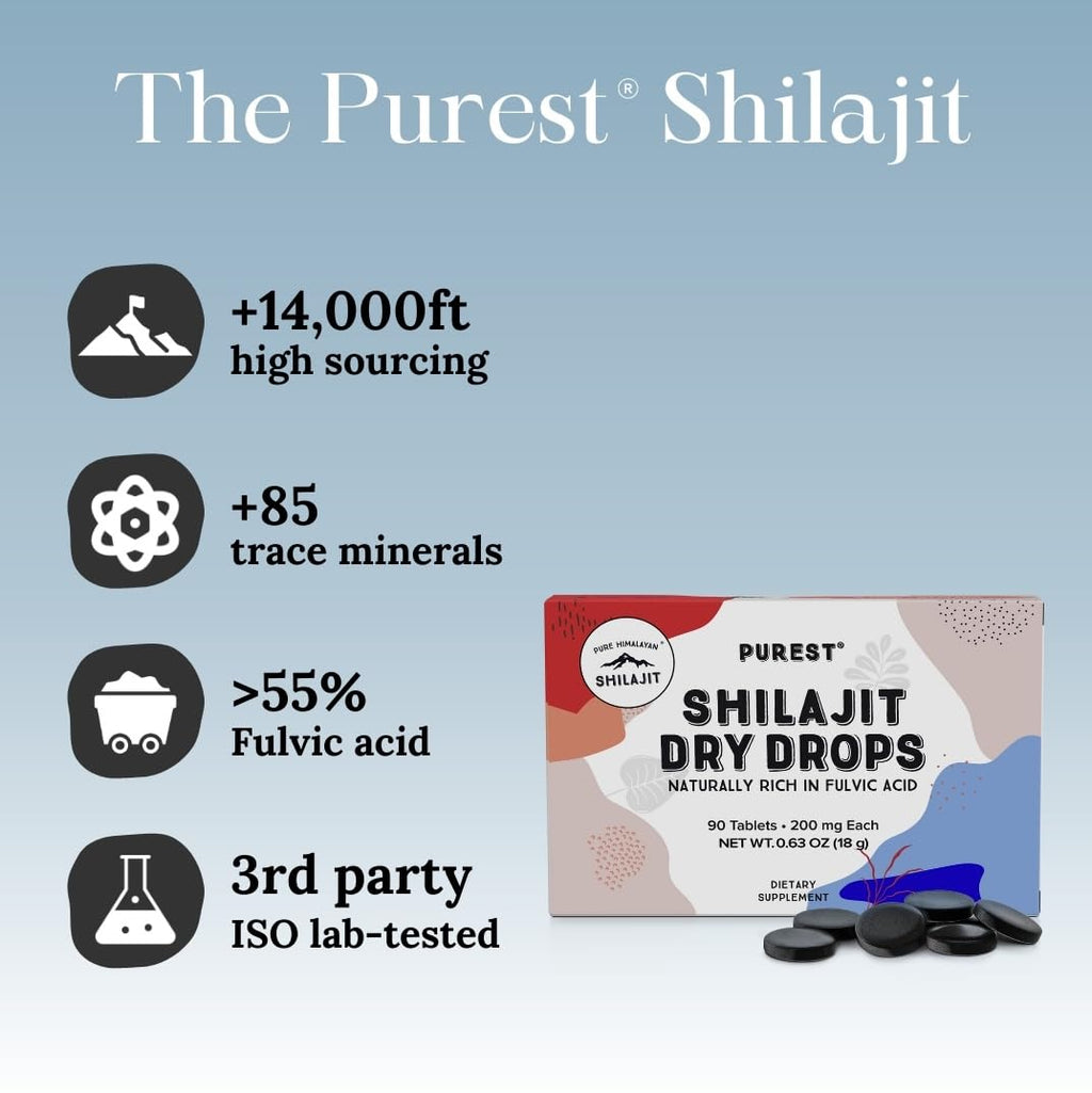 Pure Himalayan Shilajit Dry Drops (90 Tablets, 200mg Each) Maximum Potency Pure Shilajit for Men with 85+ Trace Minerals & Fulvic Acid for Metabolism, Energy & Immune Support
