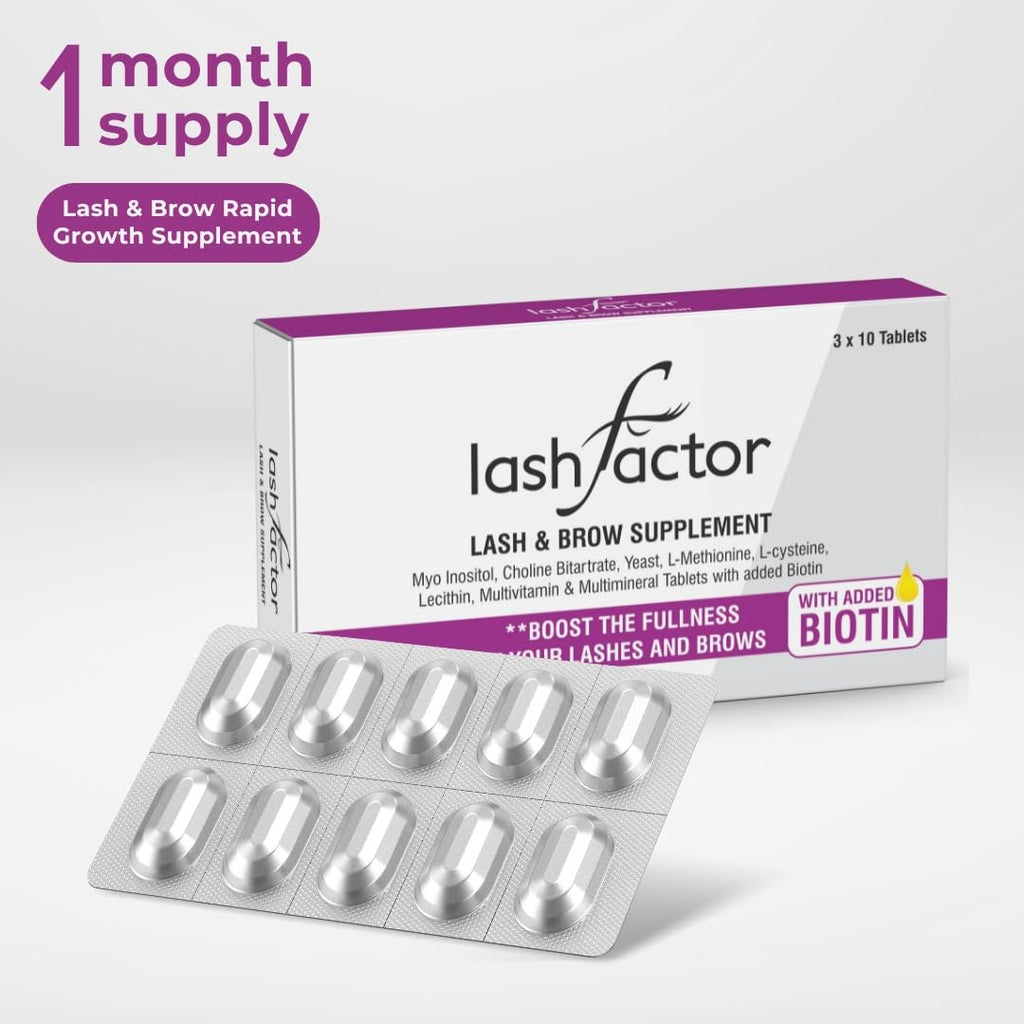 ⁠Lashfactor Lash and Brow Growth Supplement – Vegan Biotin Supplement for Fuller, Healthier Lashes & Brows - Enriched with Essential Vitamins & Minerals (1 Month Supply - 30 Tablets)