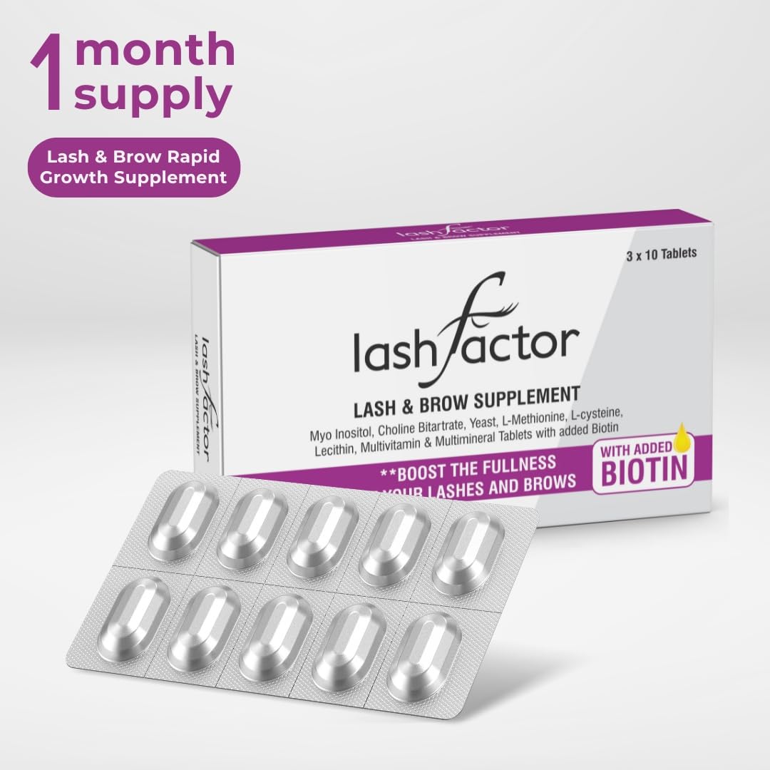 ⁠Lashfactor Lash and Brow Growth Supplement – Vegan Biotin Supplement for Fuller, Healthier Lashes & Brows - Enriched with Essential Vitamins & Minerals (1 Month Supply - 30 Tablets)