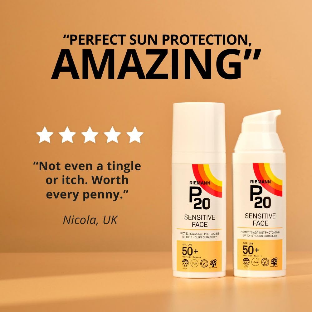 RIEMANN P20 Sensitive FACE SPF50+ UV Protection Cream, 50 Grams | Non Greasy Highly Effective Protects Face from UV Radiation |Sun Protection Factor 50+ | Wear under Make Up