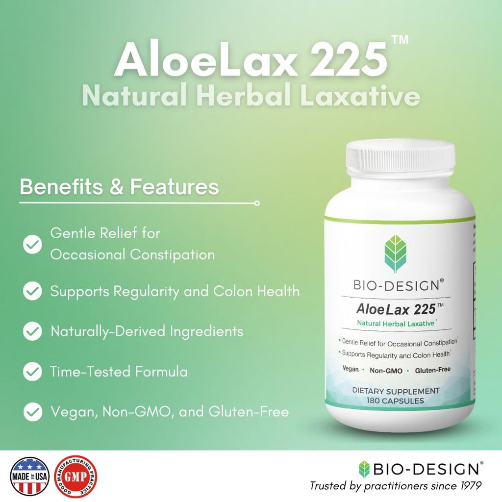 Bio-Design Aloe Lax 225 – Natural Herbal Laxative for Gentle, Effective Constipation Relief – Supports Digestive Regularity – Aloe Ferox 225 mg – 180 Capsules