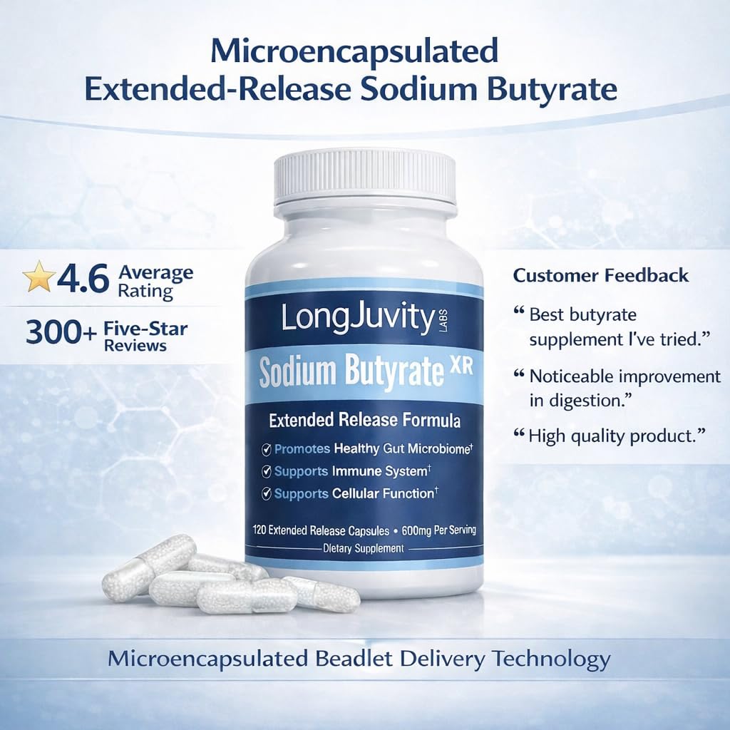 LongJuvity Labs Sodium Butyrate Supplement 300mg – Microencapsulated Butyrate Capsules – Extended Release Delivery Technology – Gut Health Support – 120 Capsules