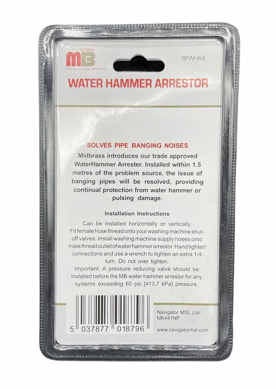 Midbrass Water Hammer Arrestor Suitable for UK Washing Machines 3/4'' Male - Female Arrester - Stops Noisy Banging Pipes Pipe Damage