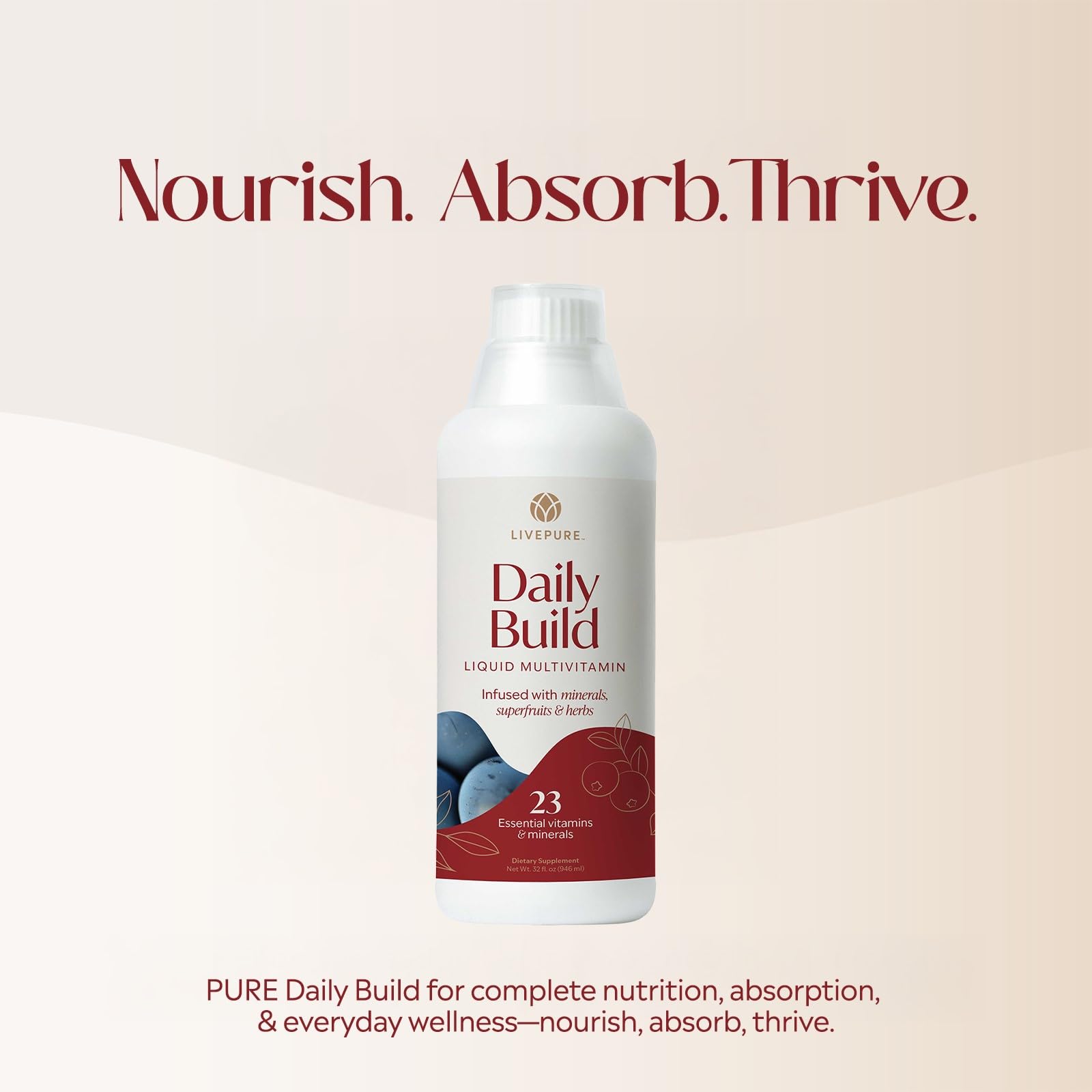 PURE Daily Build Liquid Multivitamin & Mineral/Herbal Dietary Supplement with Superfruits - 1 Bottle of 32 Fl Oz (946ml)