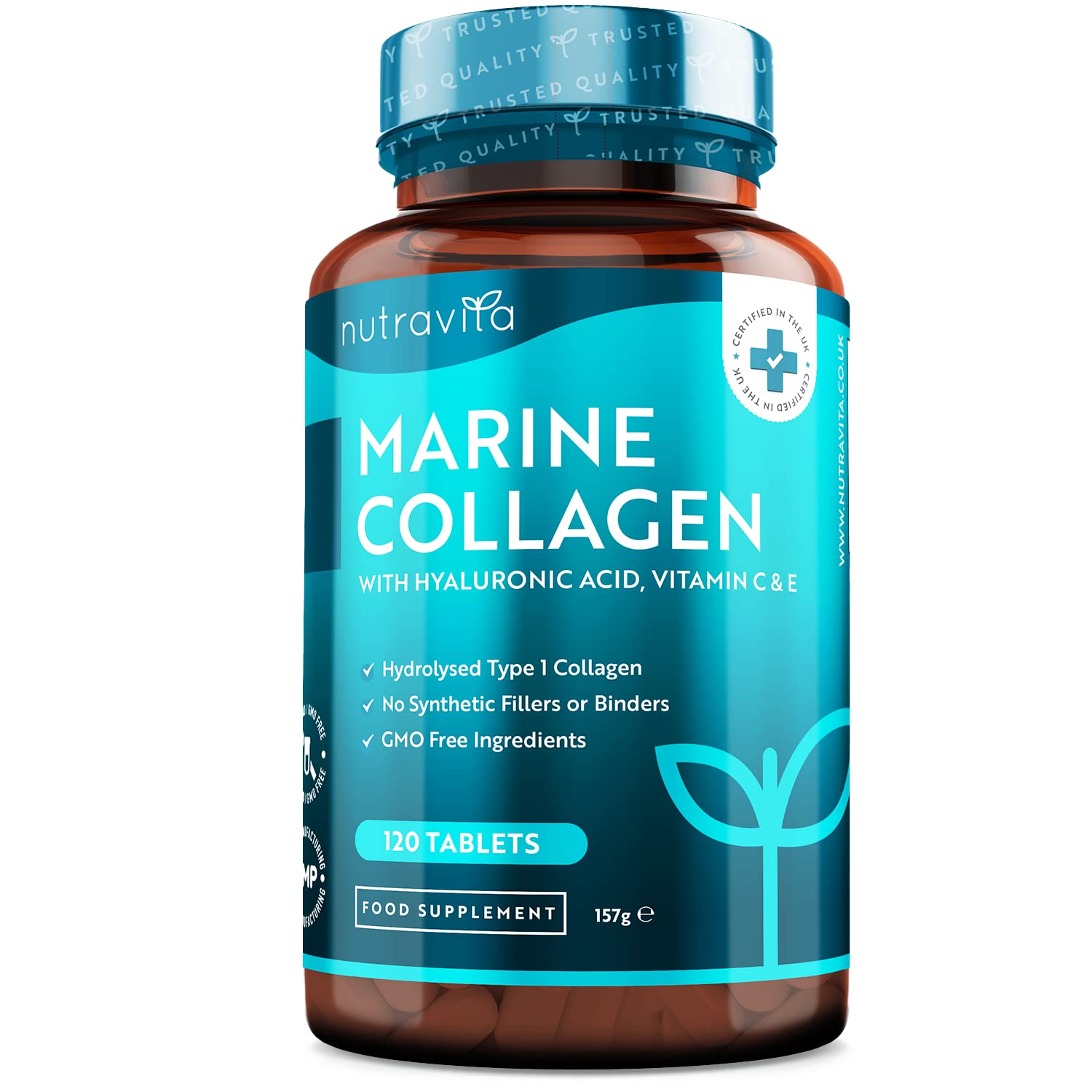 Marine Collagen Tablets 1400mg Enhanced with Hyaluronic Acid - Hydrolysed Collagen Supplements for Women and Men - 120 Tablets (2 Month Supply) - with Vitamin C, Vitamin E, Zinc and Vit B2 - Nutravita