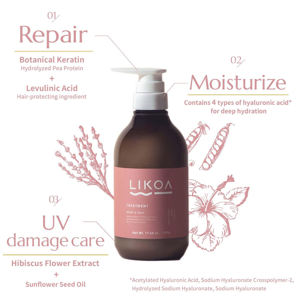 LIKOA, Moist and Chill Hydrating Treatment, Vegan, Halal, for Damaged and Frizzy Hair, Botanical Hair Care, Oriental Floral Scent, Made in Japan, 500g, 17.64oz