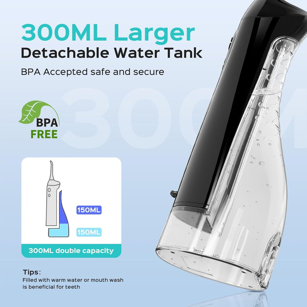 COSLUS ADA Accepted Water Dental Flosser Teeth Pick C20: Portable Cordless Oral Irrigator 300ML Rechargeable Travel Irrigation Cleaner IPX7 Waterproof Electric Flossing Machine, Standard Set Black