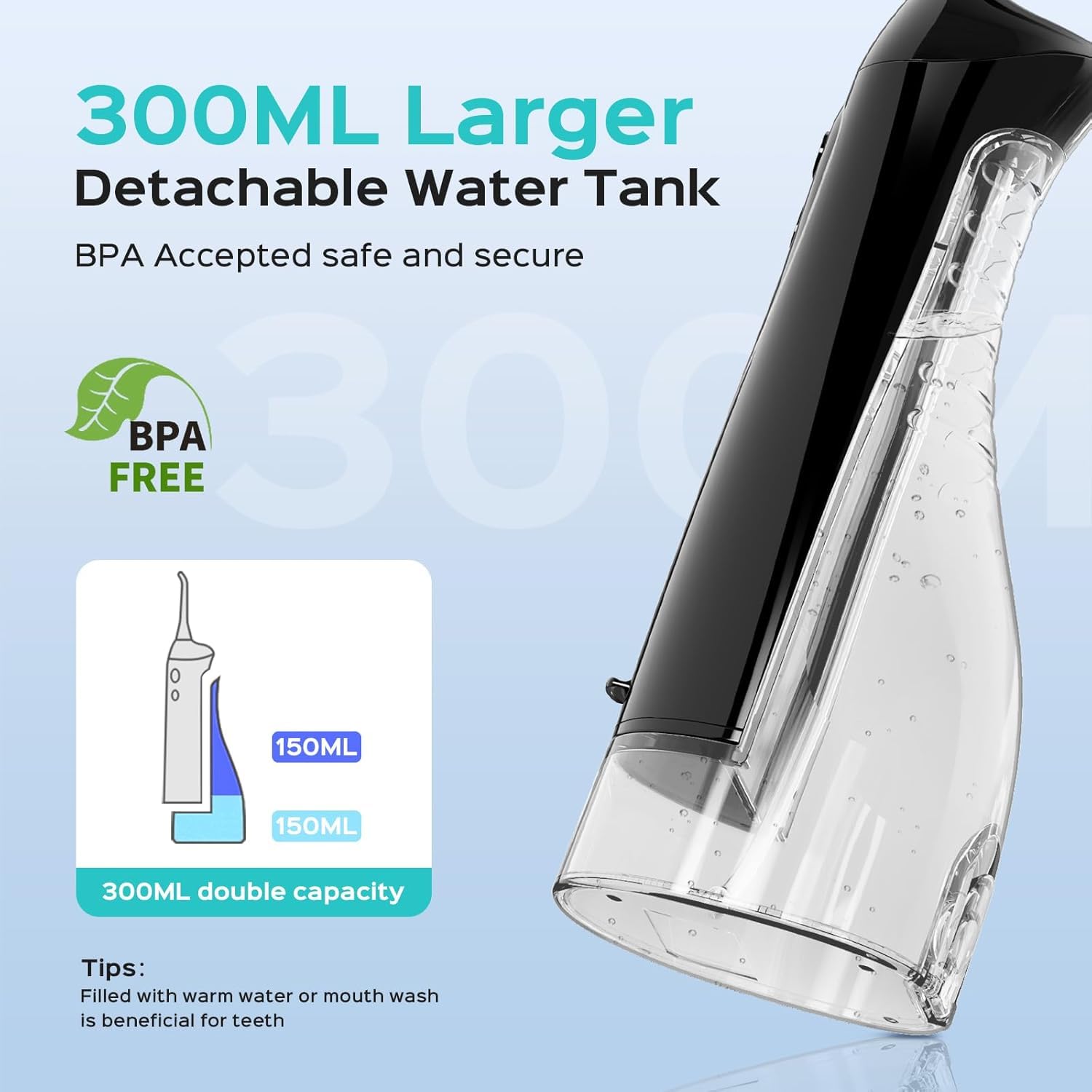 COSLUS ADA Accepted Water Dental Flosser Teeth Pick C20: Portable Cordless Oral Irrigator 300ML Rechargeable Travel Irrigation Cleaner IPX7 Waterproof Electric Flossing Machine, Standard Set Black