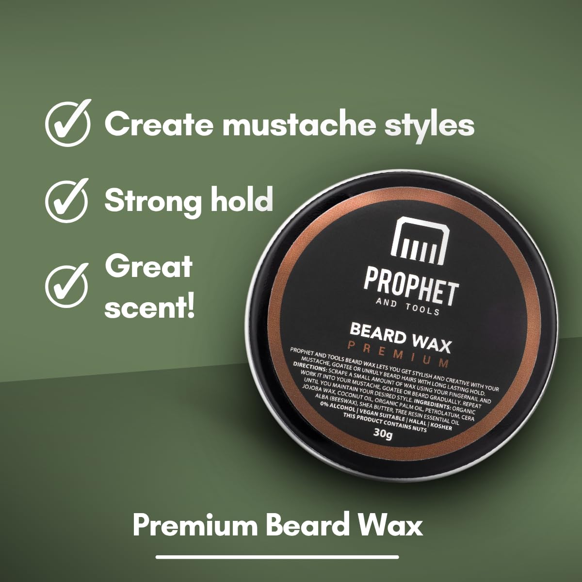 Prophet and Tools Extra Strong Hold Beard & Hair Wax - 24hr Long-Lasting Hold, Shapes & Styles with Ease, Washes Out Easily - Includes Moustache Styling Stick