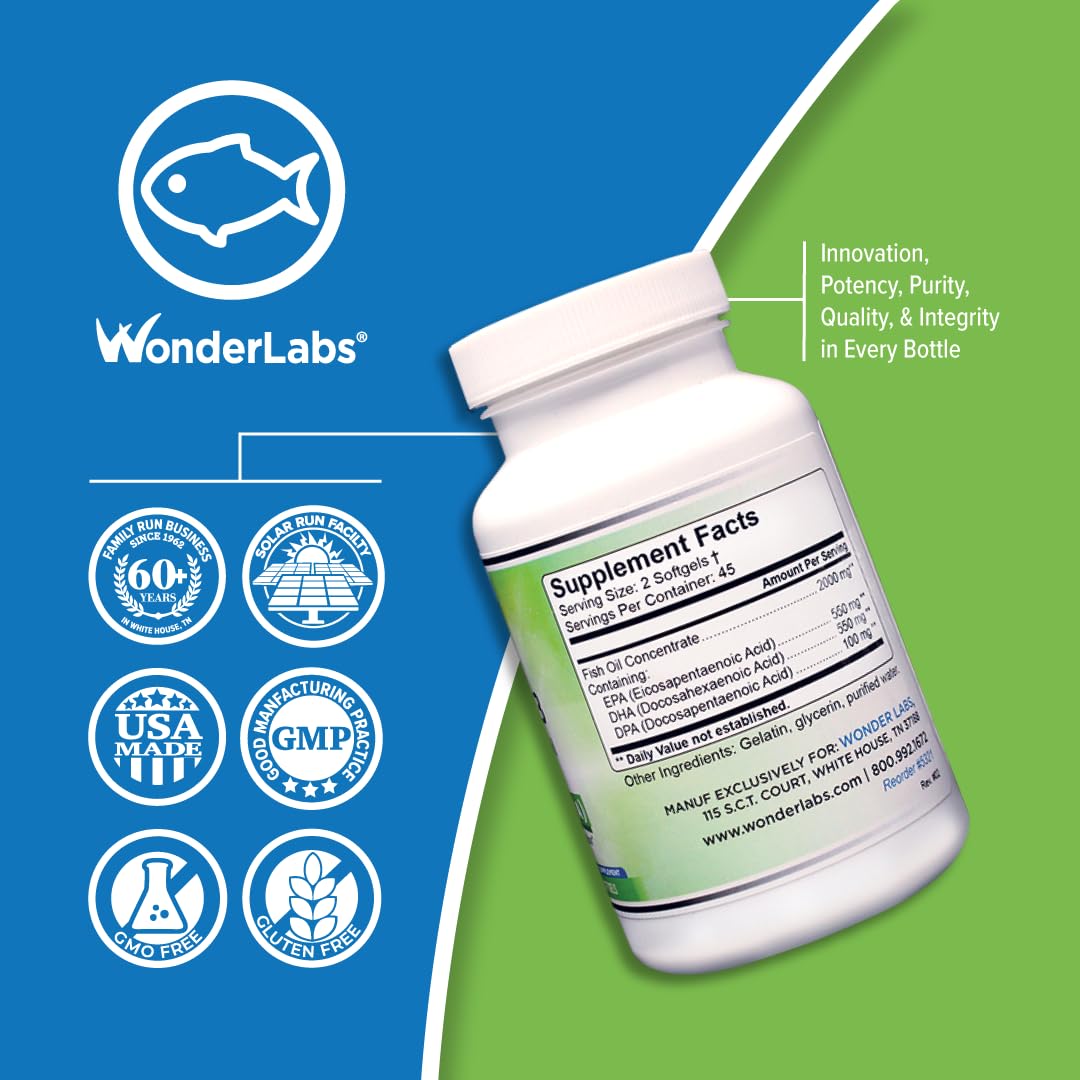 Wonder Laboratories EZ Omega-3 Atlantic Menhaden Fish Oil Supplement 2000 mg, Burpless, Made in The USA, Perfect Balance of EPA+ DHA + DPA 180 Softgels