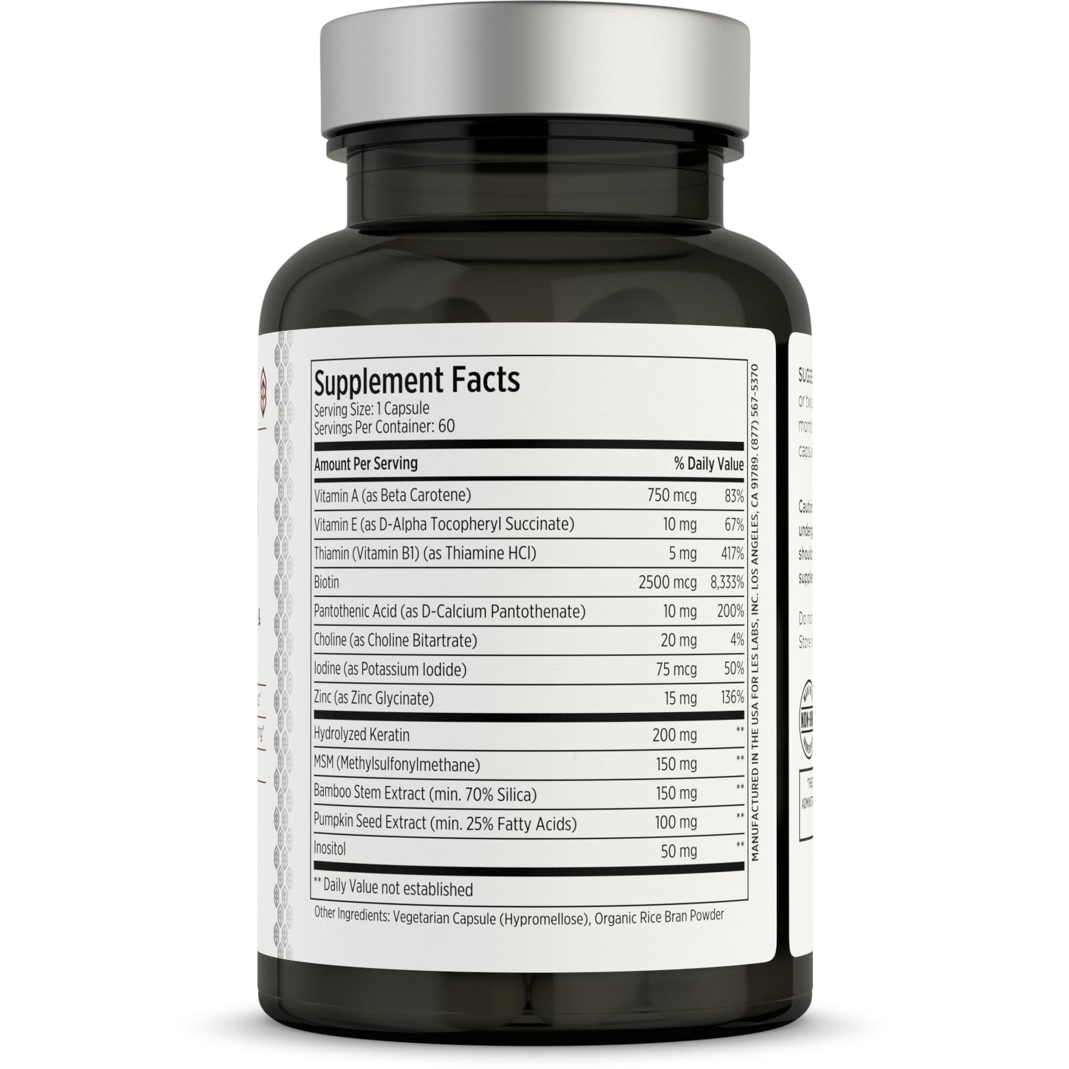 LES Labs Hair Health – Hair Growth & Nails Supplement, Improved Thickness, Strength & Fullness – Keratin, Biotin, Pumpkin Seed & MSM – 60 Capsules