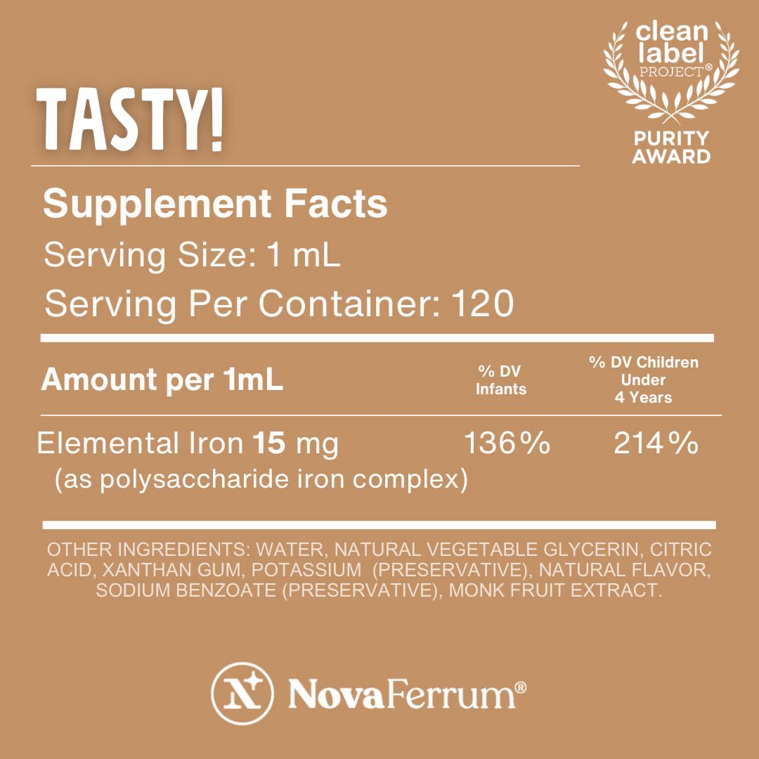 NovaFerrum Tasty | Pediatric Drops Liquid Iron Supplement for Infants, Toddlers & Kids | 15mg of Iron Per 1mL Dose | Ages 4 & Under | Gluten Free | Sugar Free | Chocolate Flavored | 120 Servings