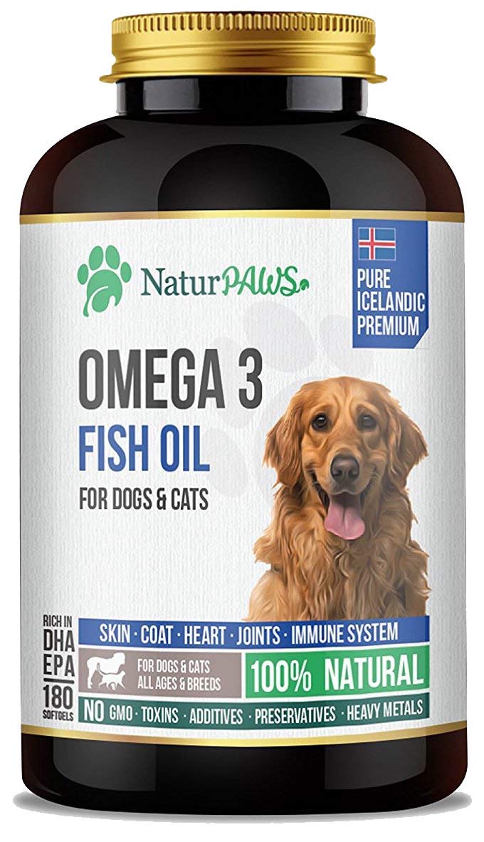NaturPAWS Omega 3 Fish Oil Supplement for Dogs and Cats - 1000 mg Pure DHA and EPA Omegas - Supports Healthy Coat and Skin, Heart, Immune System, Joints and Hip - 180 softgels