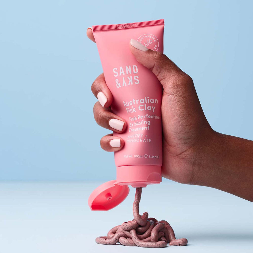 Sand & Sky Australian Pink Clay Exfoliating Face Scrub with AHA & Pearl Powder - Gentle Physical & Chemical Exfoliant for Smooth Skin, Reduces Texture