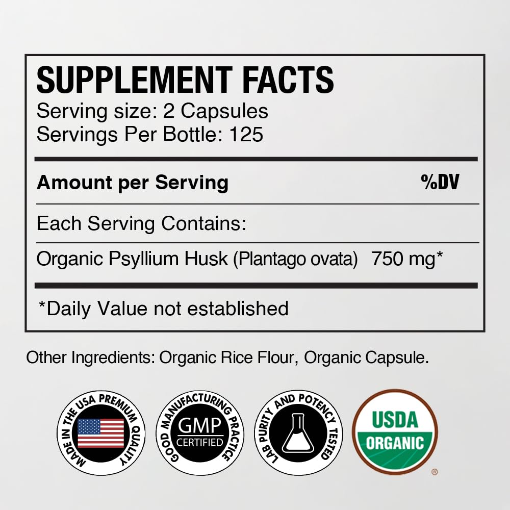 Organic Psyllium Husk Capsules 750 mg, Natural Fiber Supplement for Gut Health* - Alternative to Psyllium Husk Powder, Zealthy Life, 250 Capsules