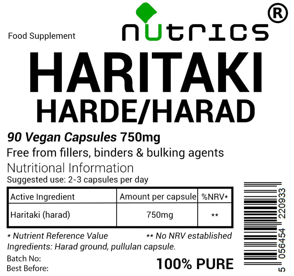Nutrics® 750mg Haritaki Harad Harde Pure 90 Vegan Capsules (1 Month Supply) - Terminalia Chebula - Free from Fillers, Binders & Bulking Agents
