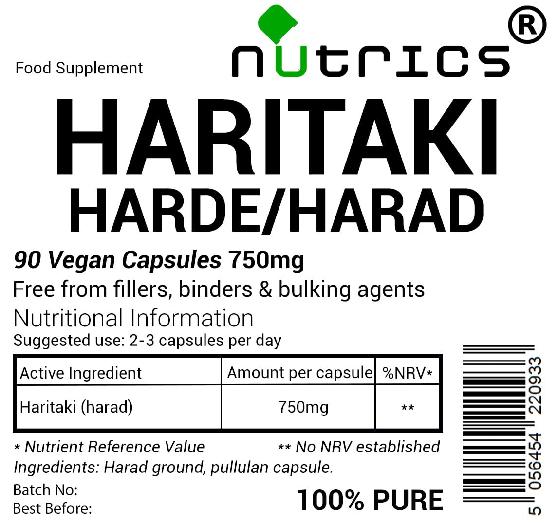 Nutrics® 750mg Haritaki Harad Harde Pure 90 Vegan Capsules (1 Month Supply) - Terminalia Chebula - Free from Fillers, Binders & Bulking Agents