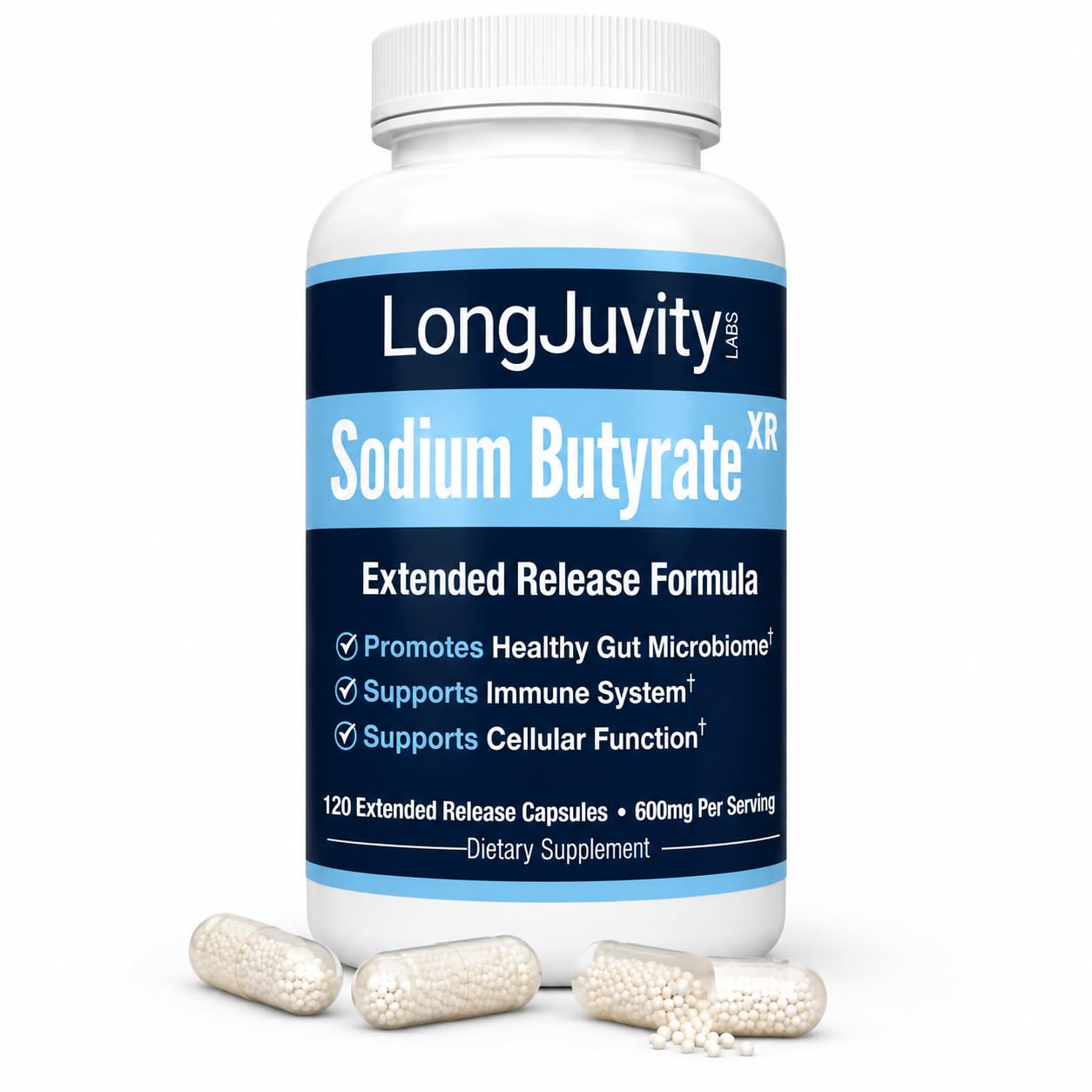 LongJuvity Labs Sodium Butyrate Supplement 300mg – Microencapsulated Butyrate Capsules – Extended Release Delivery Technology – Gut Health Support – 120 Capsules