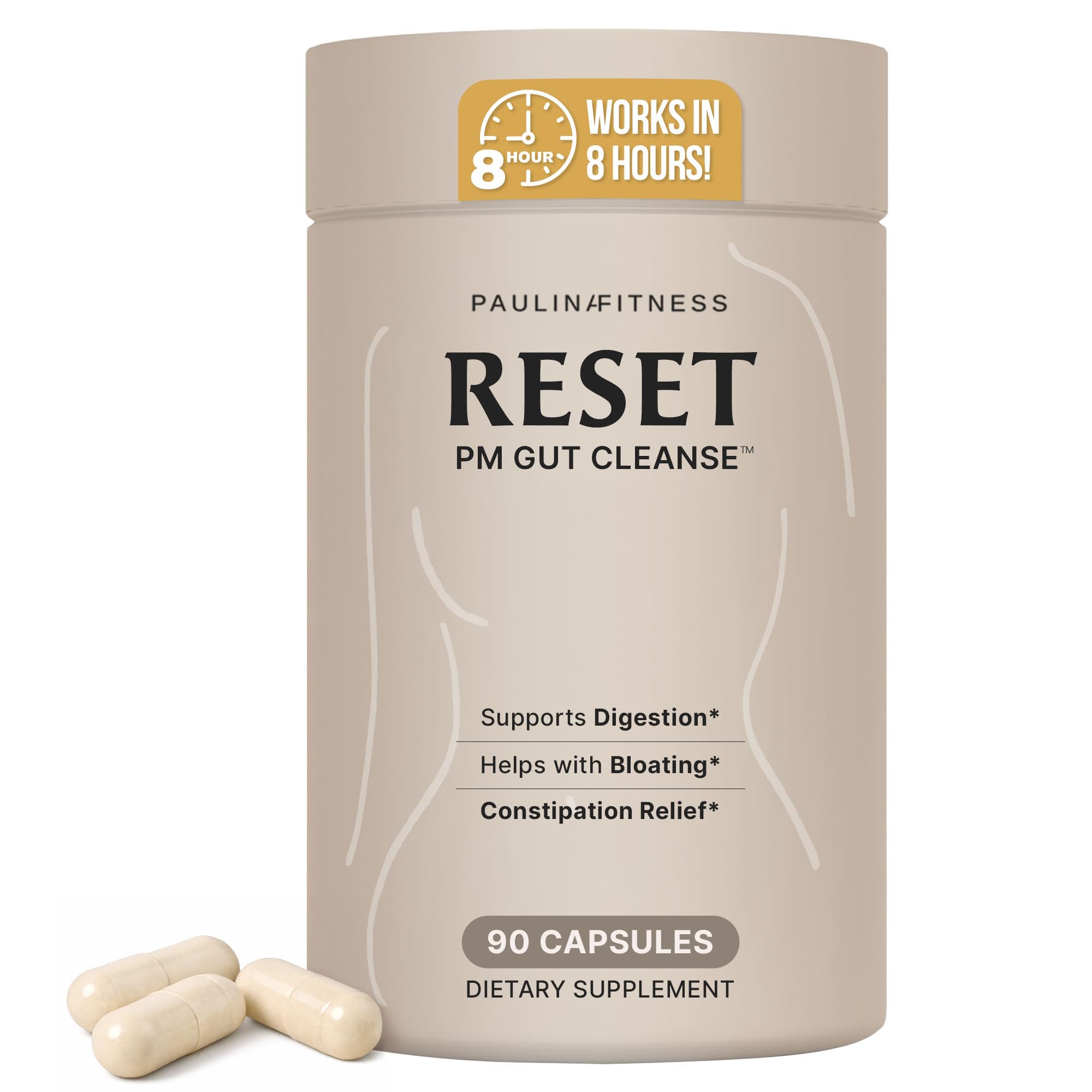 Paulina FITNESS Reset Overnight Digestive Aid, Bloating Relief, & Gut Health Supplement | Natural Detox & Digestive Cleanse to Support Weight Management and Relieve Constipation | 90 Capsules