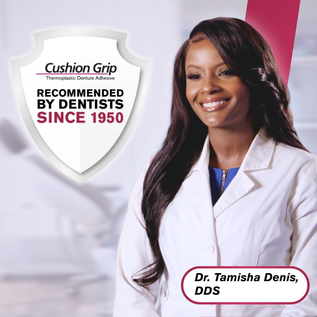 Cushion Grip Thermoplastic Denture Adhesive – Refits & Tightens Loose Dentures, Works Like a Denture Reliner for Long-Lasting Comfort, Holds Up to 4 Days, Waterproof & Zinc-Free - 1 oz (Pack of 5)