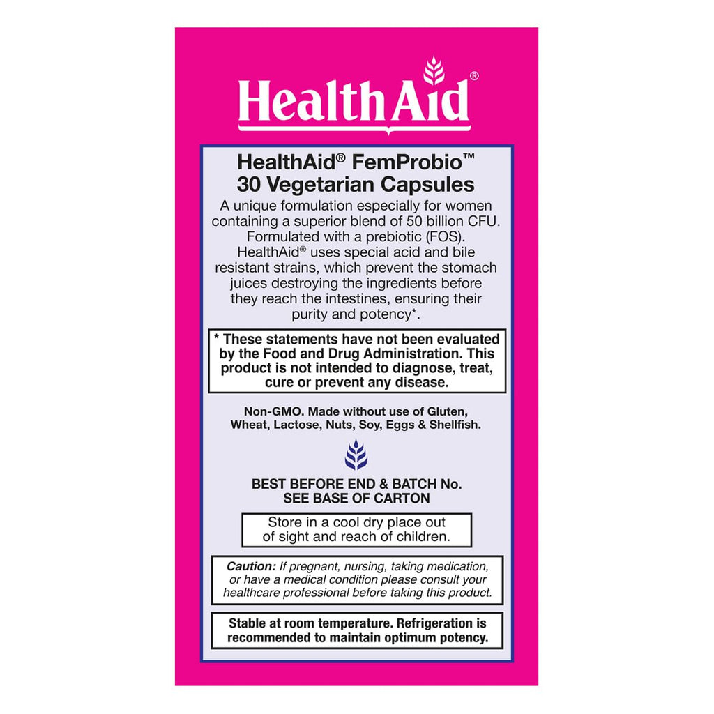 HealthAid FemProbio – Once-Daily Probiotic with Prebiotic Fiber | 50 Billion CFU | 30 Vegetarian Capsules | Acid & Bile Resistant, Lactose, Gluten & GMO-Free