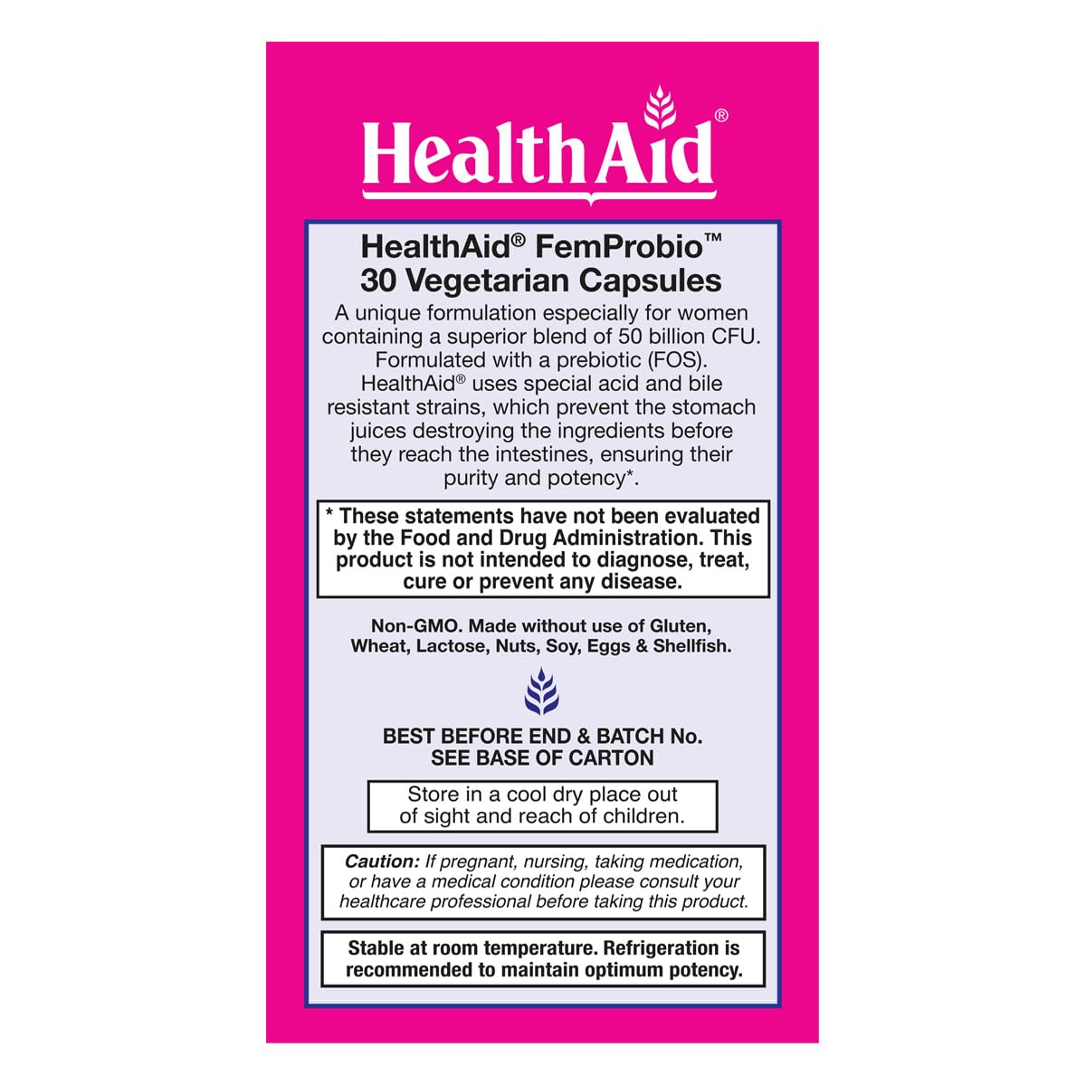 HealthAid FemProbio – Once-Daily Probiotic with Prebiotic Fiber | 50 Billion CFU | 30 Vegetarian Capsules | Acid & Bile Resistant, Lactose, Gluten & GMO-Free